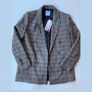 NWT Zara Brown Checkerd Micro Plaid Double Breasted Oversized Blazer